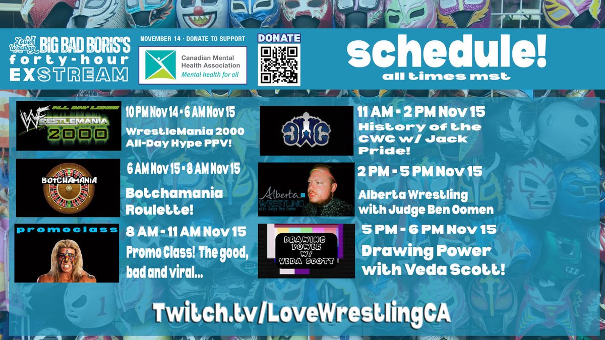 BBBoris's tweet image. The full lineup for the 40 hour exSTREAM has is here! Everything kicks off Nov 14 at 10 PM MST! Thanks for all the love and support!

📺 Twitch➡️ twitch.tv/lovewrestlingca
💵 canadahelps.org/en/pages/love-…