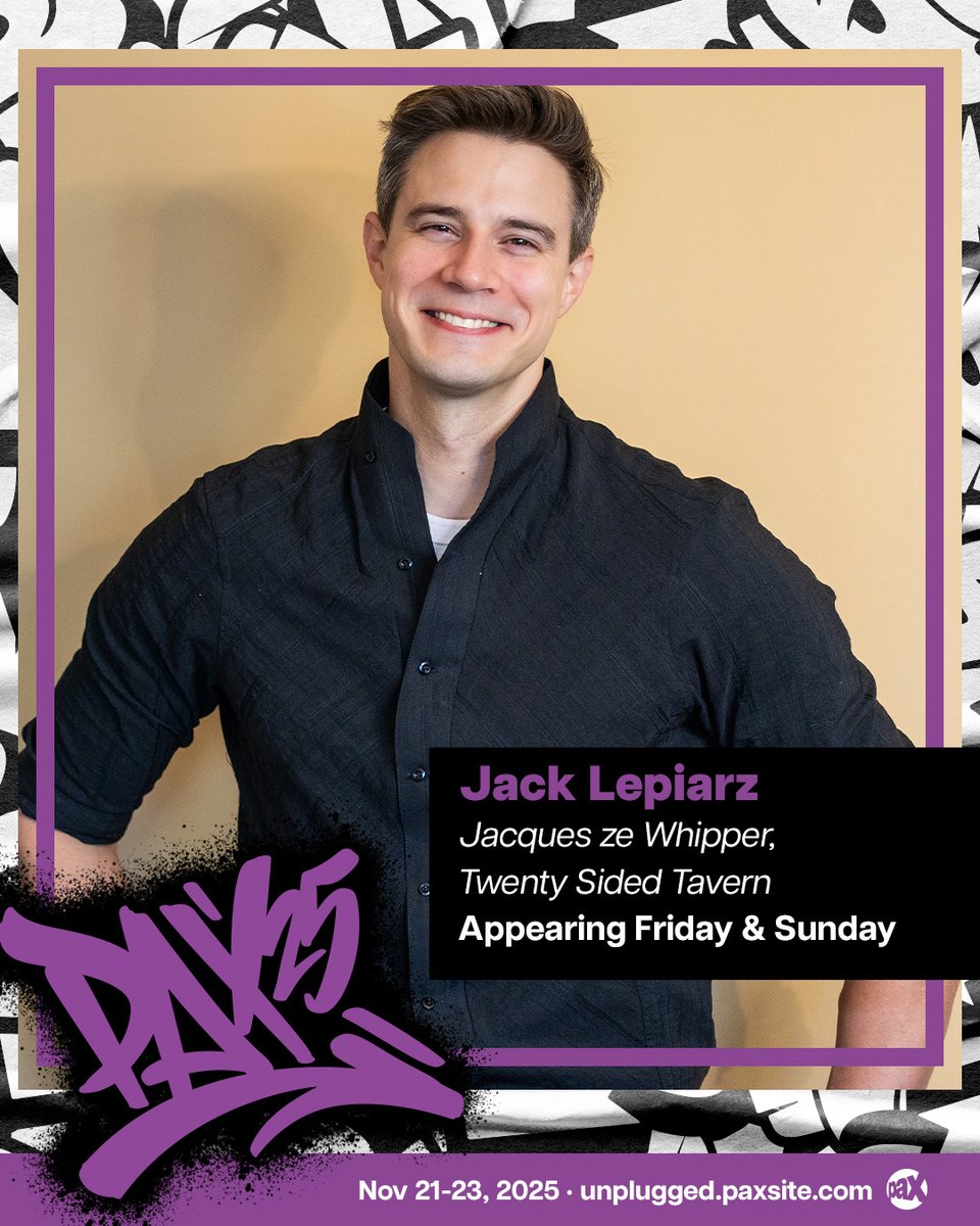 pax's tweet image. Who’s daring, hilarious, and maybe just a little too good with whips? 👀
See Jack Lepiarz, the record-smashing performer and The Twenty-Sided Tavern star, for meet &amp;amp; greet sessions and more at #PAXUnplugged ➡️ PAXun25.com/Badges