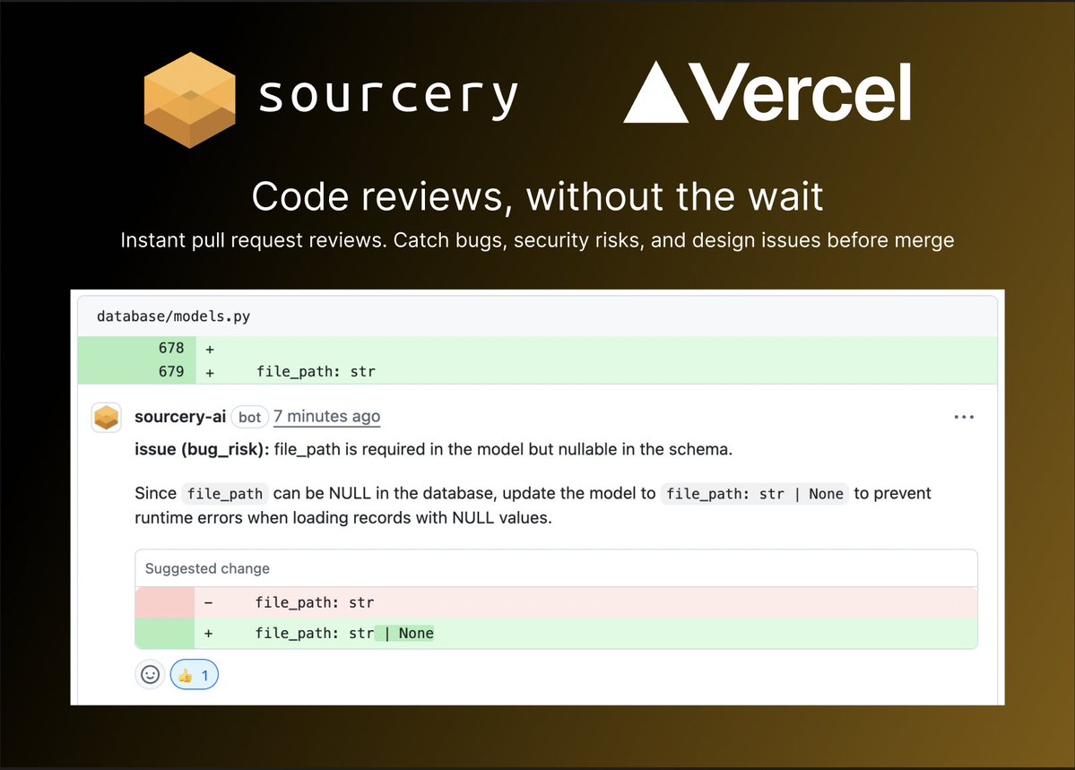 SourceryAI's tweet image. Sourcery&apos;s code reviews and security analysis are now available for any team building with @vercel  as part of their AI Agent marketplace!

See how Sourcery can help catch bugs, fix security vulnerabilities, and more for any of your Vercel projects - vercel.com/marketplace/so…