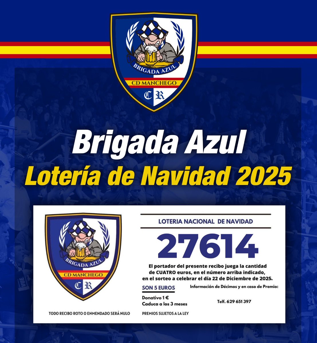 Lotería disponible del Grupo
BRIGADA AZUL!! Se puede adquirir en cada partido y en el número de teléfono 629651397 <a href="/CDManchegoCReal/">Club Deportivo Manchego</a>