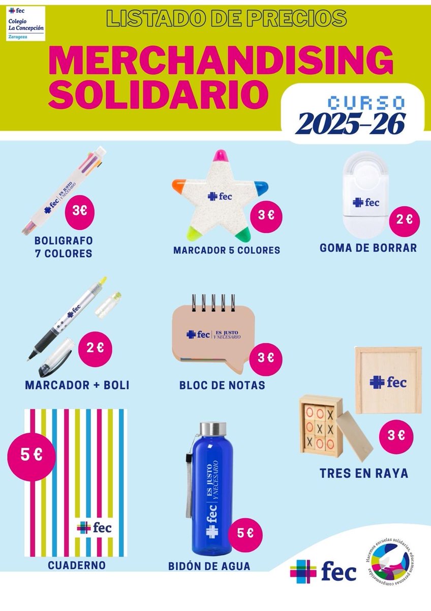 La próxima semana, del lunes 27 al viernes 31, realizamos la venta de Merchandising Solidario, cuya recaudación va destinada a las Becas Don Martín, para ayudar a los alumnos que necesitan, por diferentes motivos, una ayuda económica <a href="/pastoralfec/">Pastoral FEC</a> <a href="/colegiosfec/">FEC (Fundación Educación Católica)</a>