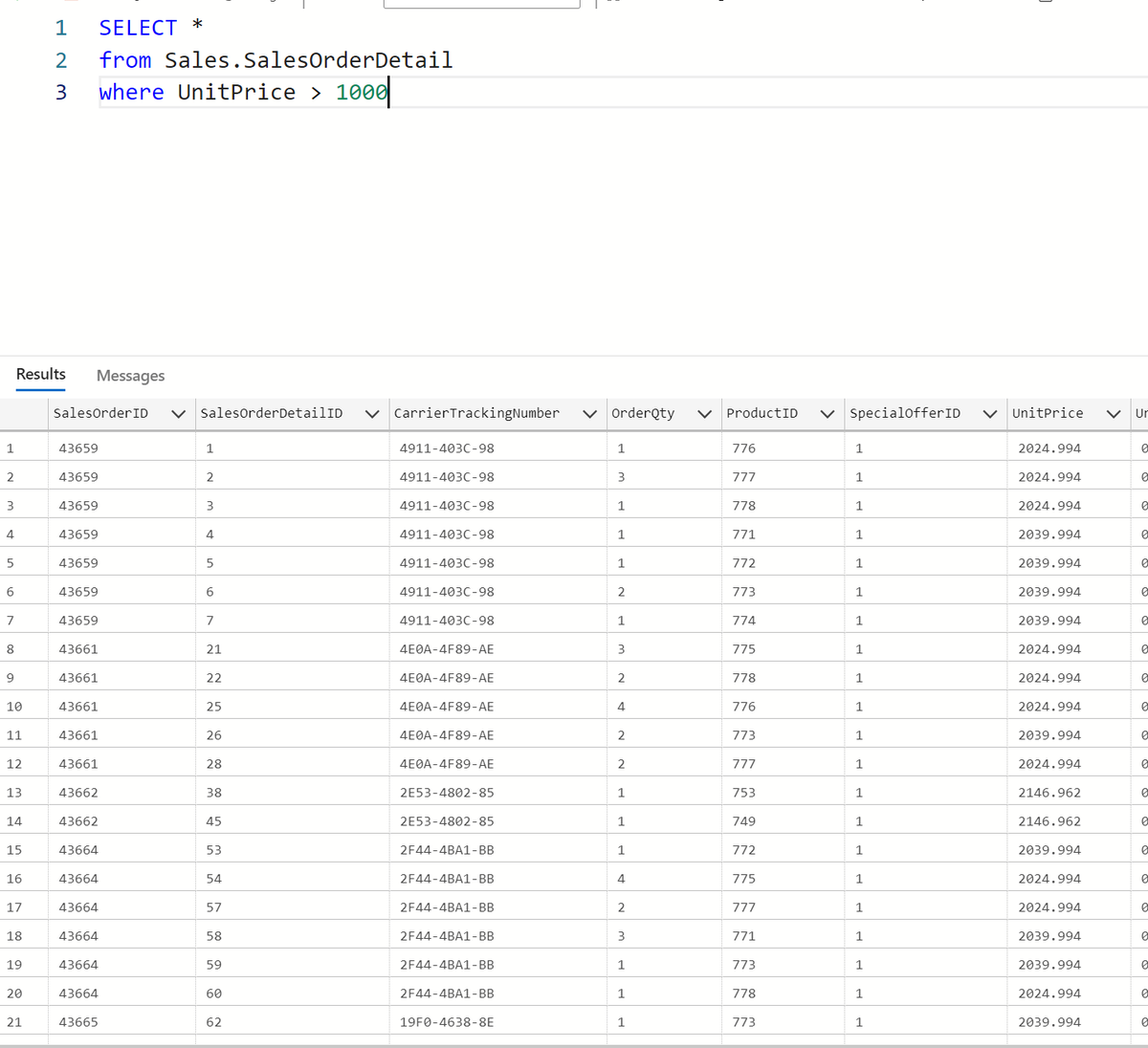 murainanurudee6's tweet image. 🗓 Day 2 — WHERE (Filtering Data)
Filter rows that meet certain conditions.
SELECT * FROM Sales.SalesOrderDetail
WHERE UnitPrice > 1000;