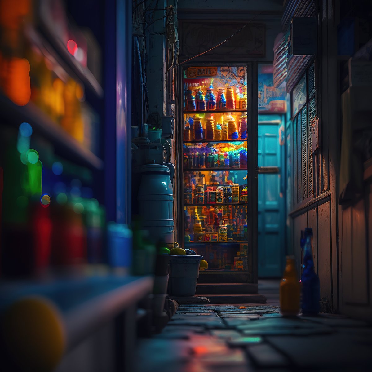 NoBanksNearby's tweet image. 12:50 AM. The dark blues and worn textures of this forgotten path lead to a vibrant secret. A glowing cooler, brimming with kaleidoscopic light, calls you to find beauty and unexpected warmth in the deep quiet of this precise minute. Be present.

#ProgrammableArt #DigitalArt…