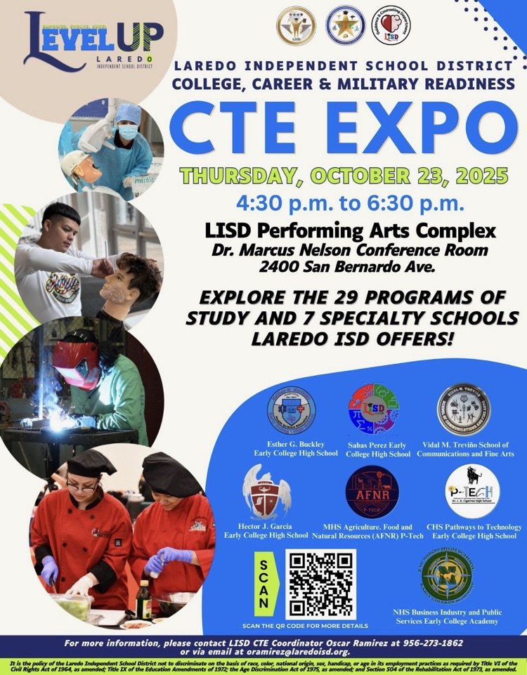 PTECHLisd's tweet photo. 🚀 Ready to explore your future?

Join us for the LISD CTE Expo!

🗓 Oct. 23, 2025 | 4:30–6:30 PM

📍 LISD Performing Arts Complex

Discover 29 programs + 7 specialty schools that open doors to college, careers, and more!

#LISD #CTEExpo #FutureReady #LaredoISD https://t.co/nR8HONEuaC