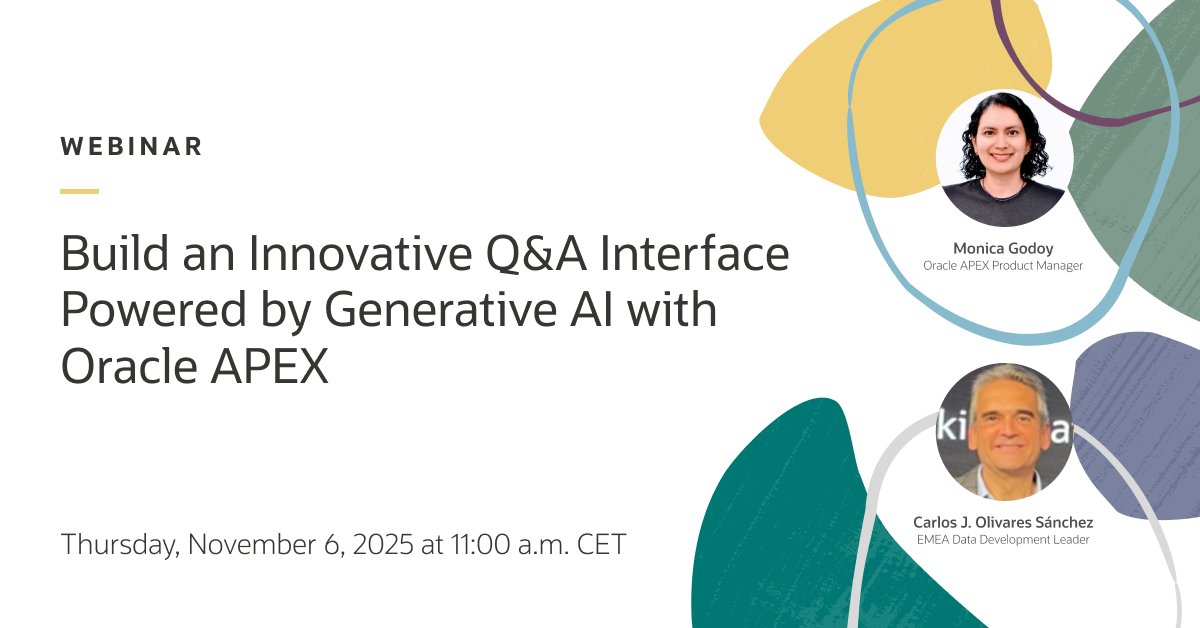 OracleAPEX's tweet image. Ready to unlock the future of Q&A interfaces?
🚀 Join our hands-on on November 6 to build innovative apps with Generative AI & Oracle APEX.
Register now: social.ora.cl/6014A7I0K
#orclAPEX #LowCode