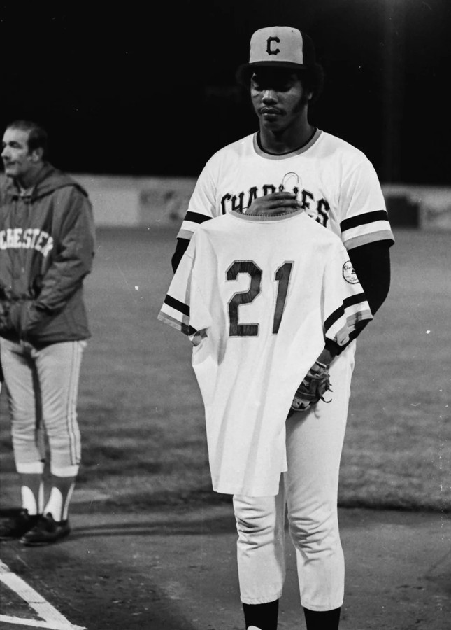 Dave Parker as a minor leaguer during a pregame ceremony retiring Roberto Clemente's number.