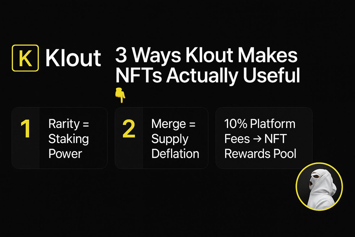 exboyefeezy's tweet photo. @kloutgg Klout is making NFTs actually useful. ⚡

Forget speculation , this is real utility powered by onchain mechanics:
1️⃣ Rarity = Staking Power
2️⃣ Merge = Supply Deflation
3️⃣ 10% Platform Fees → NFT Rewards Pool
This isn’t hype , it’s how attention becomes an economy.
#Klout #Wallchain #NFTs #Web3 #AttentionEconomy #ZeusOnKlout