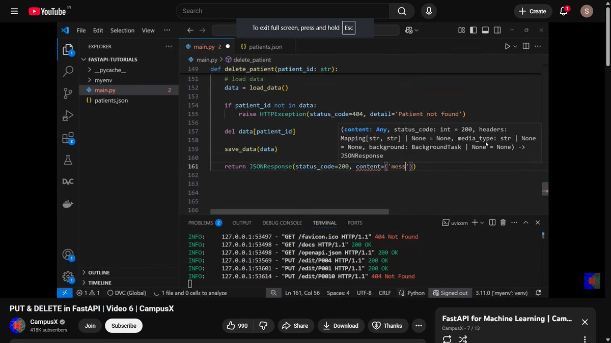 sspub2's tweet image. Day 34 of #100DaysOfCode #100daysofcodechallenge

Learnt about PUT and DELETE request in FastAPI.