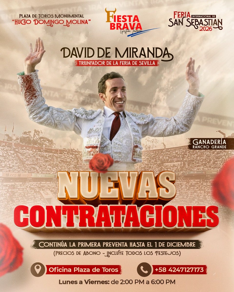 El triunfador de la Feria de Abril de Sevilla y máxima revelación de la temporada, el diestro onubense David de Miranda <a href="/DavDeMiranda/">David de Miranda</a> se une al elenco de artistas de la Feria Gigante de América, San Cristóbal y su feria internacional de San Sebastián!