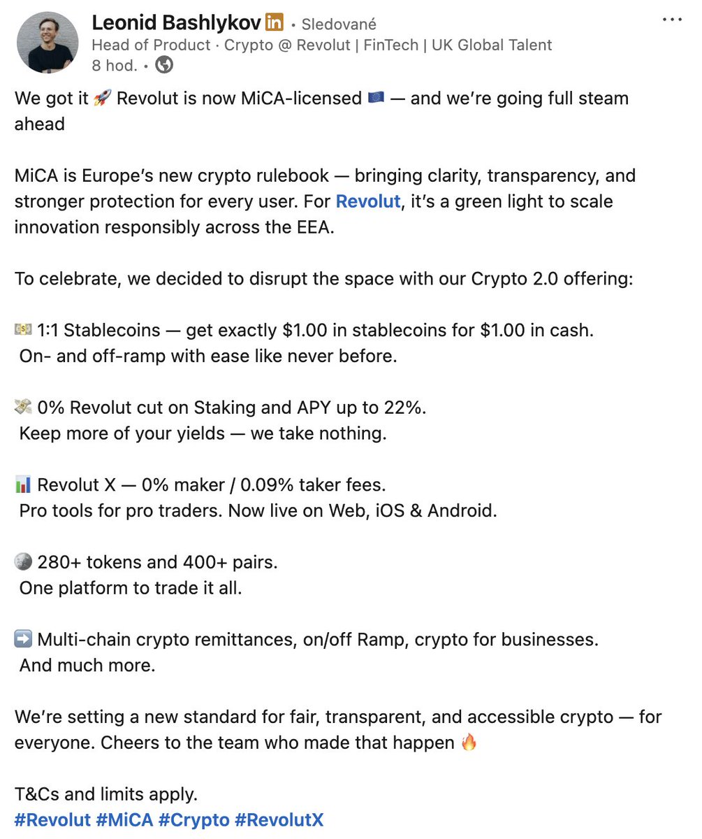 Retail crypto adoption in Europe is taking real shape. 🇪🇺

<a href="/RevolutApp/">Revolut</a> Head of Crypto product, Leonid Bashlykov, stated they are "going full steam ahead" after securing their MiCA license. The goal is to set standards and make crypto available to "everyone."
