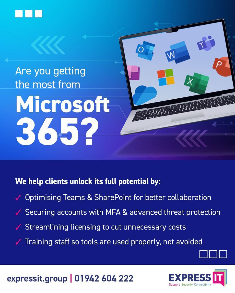 expressitgroup's tweet image. 💻 Is your Microsoft 365 working for you or against you?  Most businesses only scratch the surface of what 365 can do.

If you’re paying for 365, you should be getting maximum value. Let’s make it work smarter for you. 

🌐 expressit.group  
☎️ 0330 175 8282