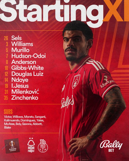 Graphic titled Starting XI displays Nottingham Forest players in red jerseys including Sels at 26 Williams at 3 Murillo at 5 Hudson-Odoi at 7 Gibbs-White at 8 Douglas Luiz at 12 Jesus at 19 Milenkovic at 31 with substitutes Vrsaljko Williams Morato Sangare Yates Bolasie Awoniyi Abada and logos of UEFA Conference League Nottingham Forest and sponsors