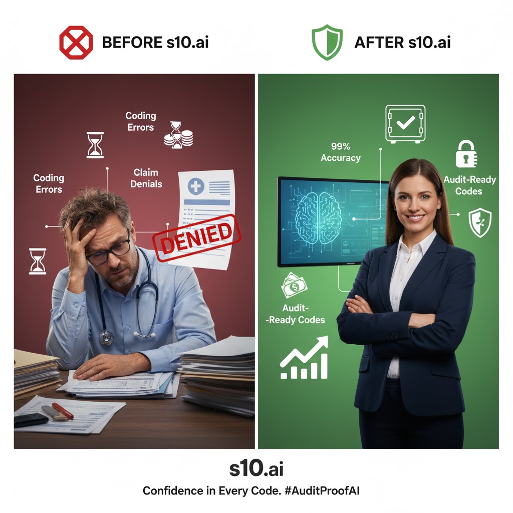 s10aiscribe's tweet image. Is your documentation audit-proof? 🛡️
Manual charting leads to denied claims. s10.ai gives you: 
✅ Audit-Ready Notes (99% Accurate) 
✅ Auto-Coding (ICD-10, CPT, E/M) 
✅ Risk Mitigation
 #s10ai #MedicalCoding #Compliance #HealthcareAI #RCM