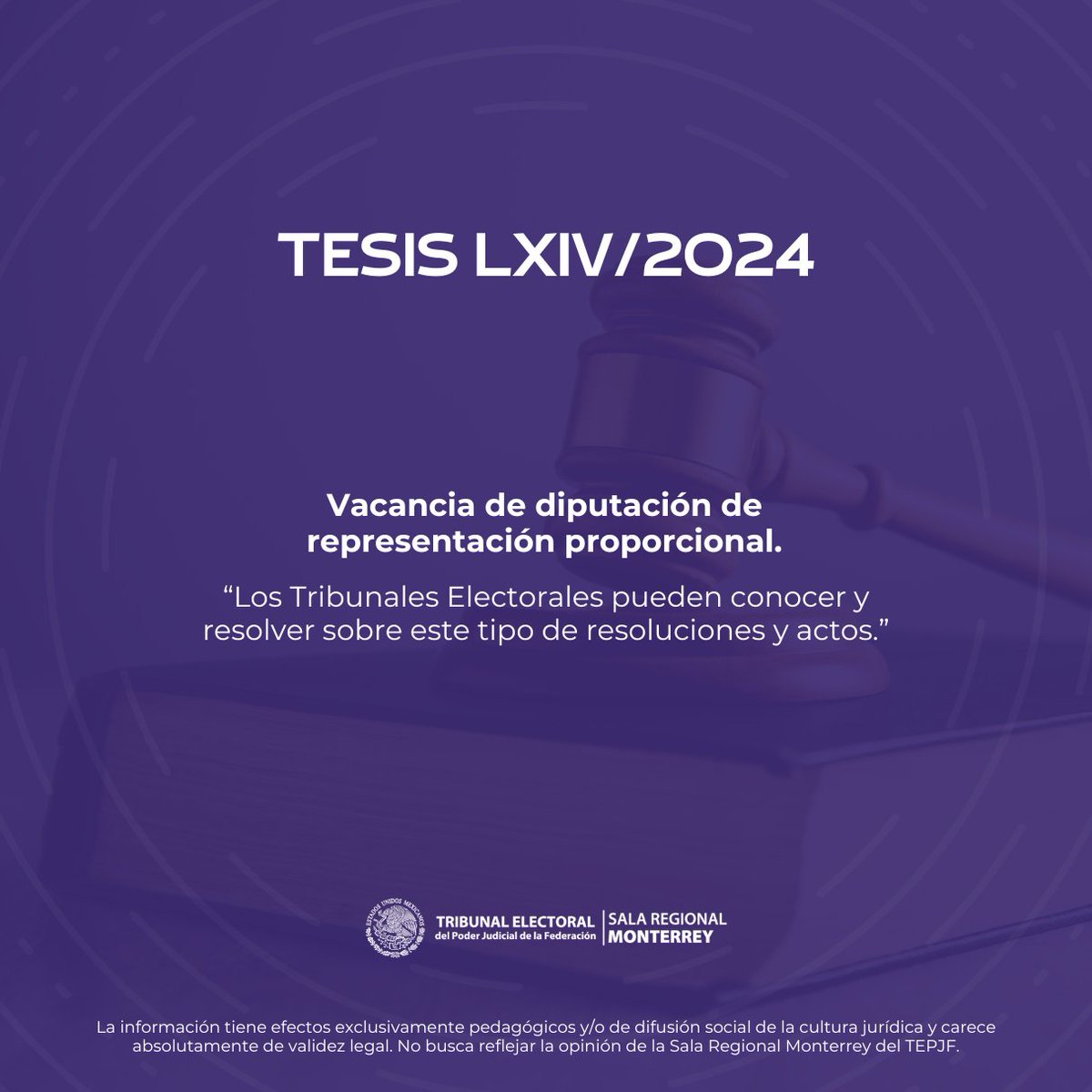 #Tesis | Los Tribunales Electorales pueden conocer y resolver resoluciones y actos de vacancia de diputaciones de representación proporcional, al estar involucrada la posible afectación al ejercicio del cargo.

La Tesis LXIV/2024 lo explica:
🔗 te.gob.mx/ius2021/#/LXIV…