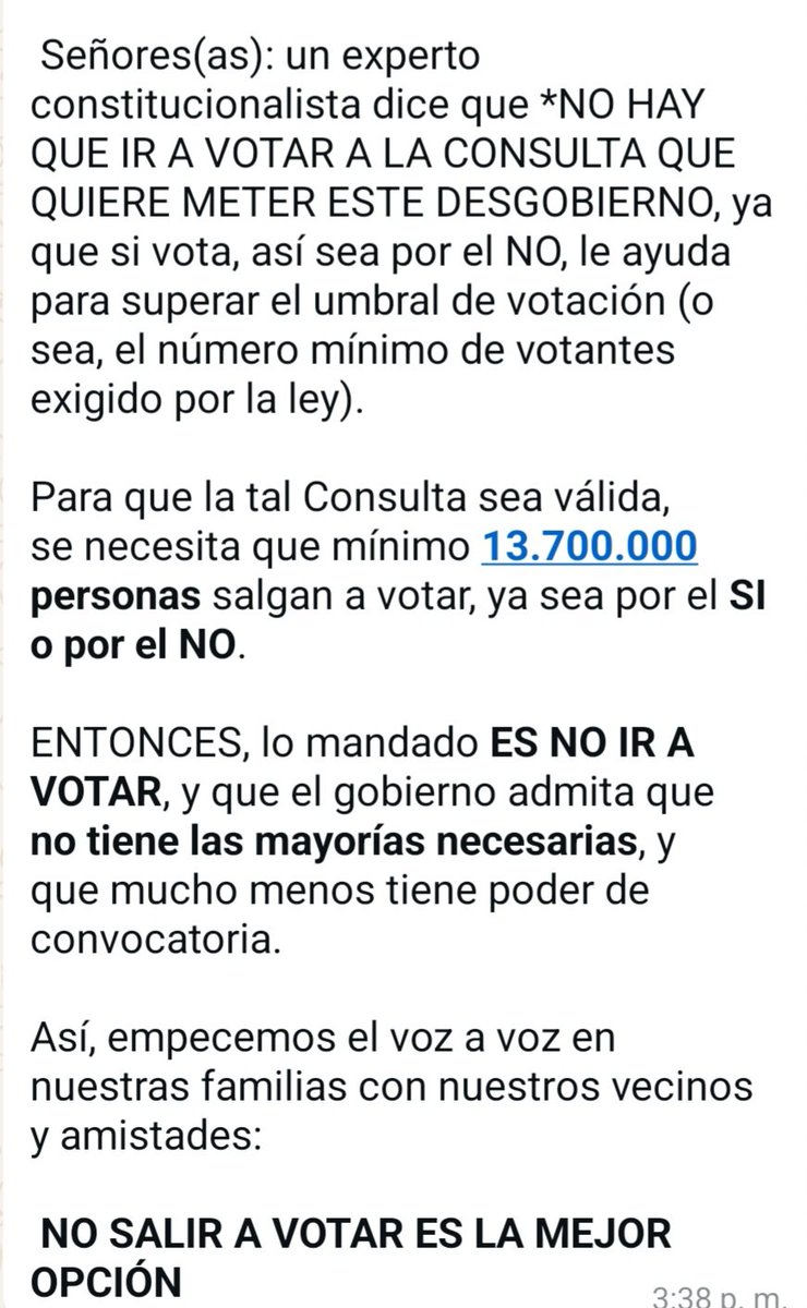 Mechitascasmont's tweet image. 🎴#LaConsultaDelEngaño
▪︎ Varias preguntas están en la Ley
▪︎ Destruirá 450 Mil Empleos Formales
▪︎ La usará como excusa para lanzar Asamblea Nacional Constituyente y quedarse en el #Poder, si no lo logra buscará una revuelta para #GolpeDeEstado
▪︎ Costo $700 Mil Millon