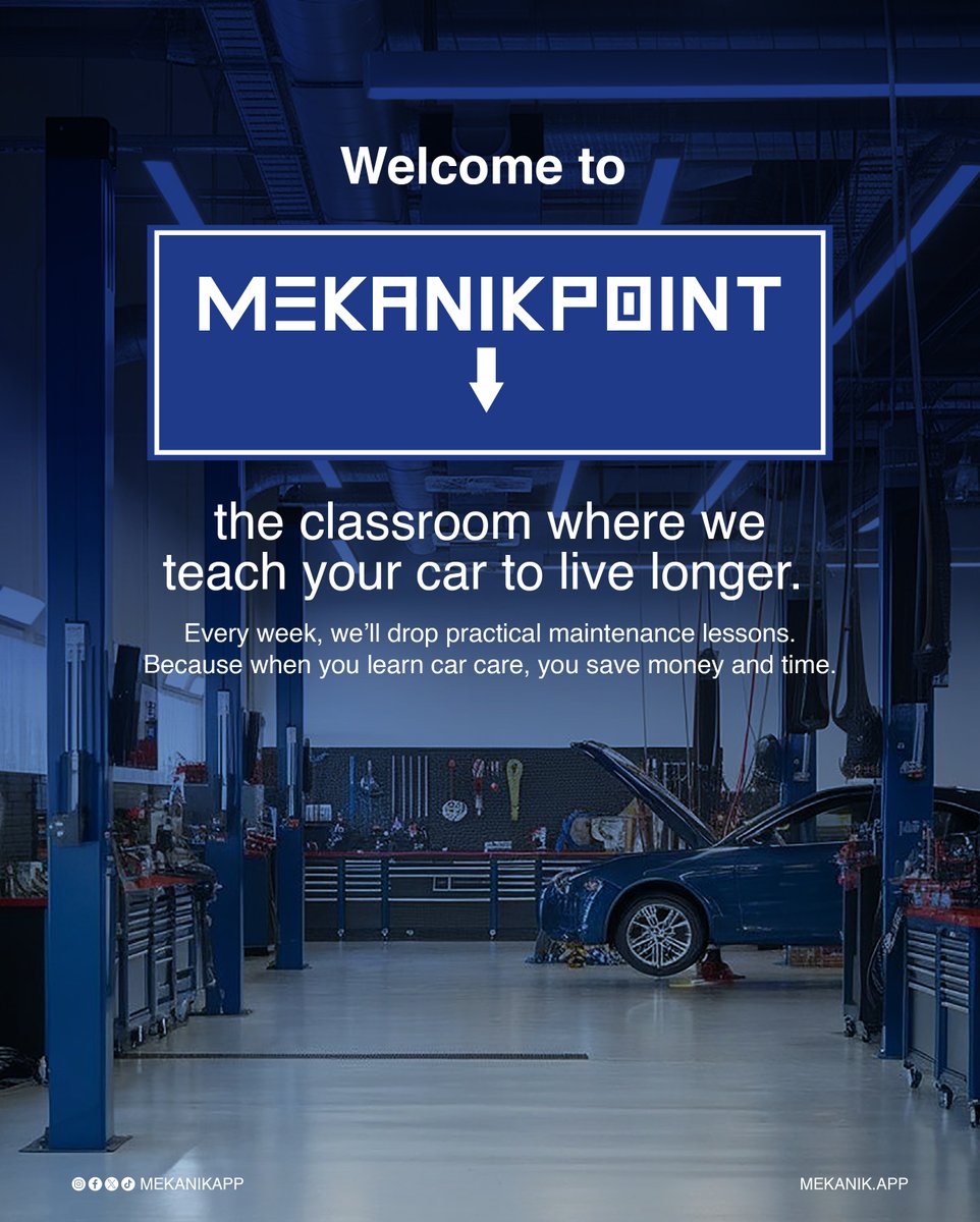 MekanikApp's tweet image. Welcome to MekanikPoint, the classroom where we teach your car to live longer. Every week, we’ll drop practical maintenance lessons. Because when you learn car care, you save money and time.
#mekanik #mekanikapp #MekanikPoint #CarCareNaija #AutoEducation
