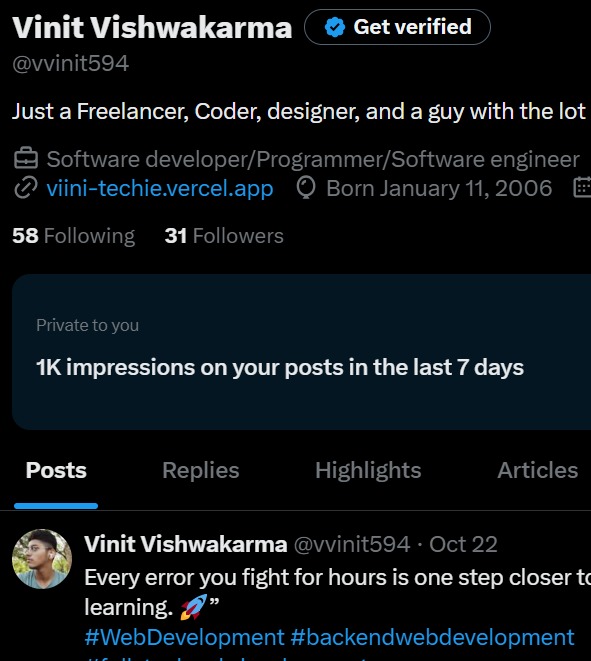 vvinit594's tweet image. Hit 1K post impressions today 💥
Small achievement, but big motivation!
Remember — your brain loves rewards.
Keep stacking the small wins 🔥
#Startups #fullstackwebdevelopment
#GROWBOLD
#SuccessMindset