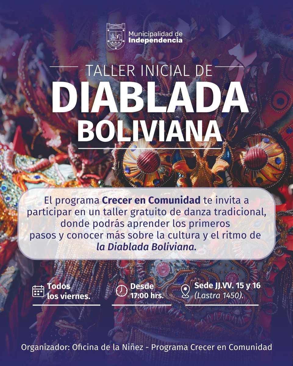 🎭 ¡Aprende los primeros pasos de la Diablada Boliviana!

Te invitamos a un taller gratuito de danza tradicional para conocer y vivir una de las expresiones culturales más importantes del altiplano.