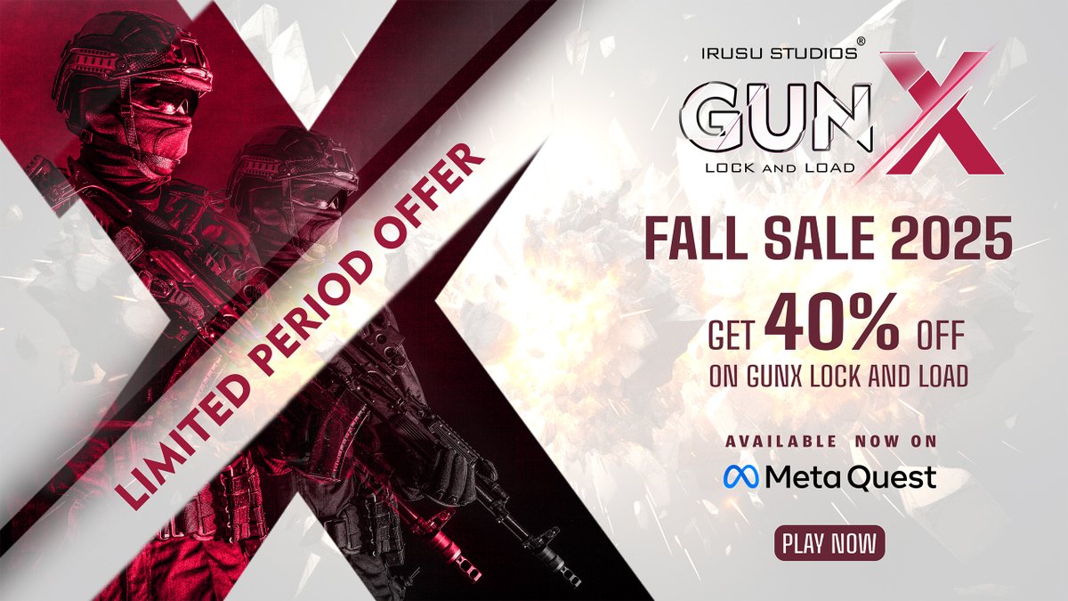 Irusustudios's tweet image. 🔥 Meta Quest Fall Sale Alert!
Aim, shoot &amp;amp; save big — 40% OFF on GUNX: Lock and Load 🎯

Step into action and rule the VR battlefield!
👉 meta.com/en-gb/experien…

#MetaQuest #GUNX #VRGaming #Quest3 #FallSale #ShooterGame #VRAction #GamingDeals