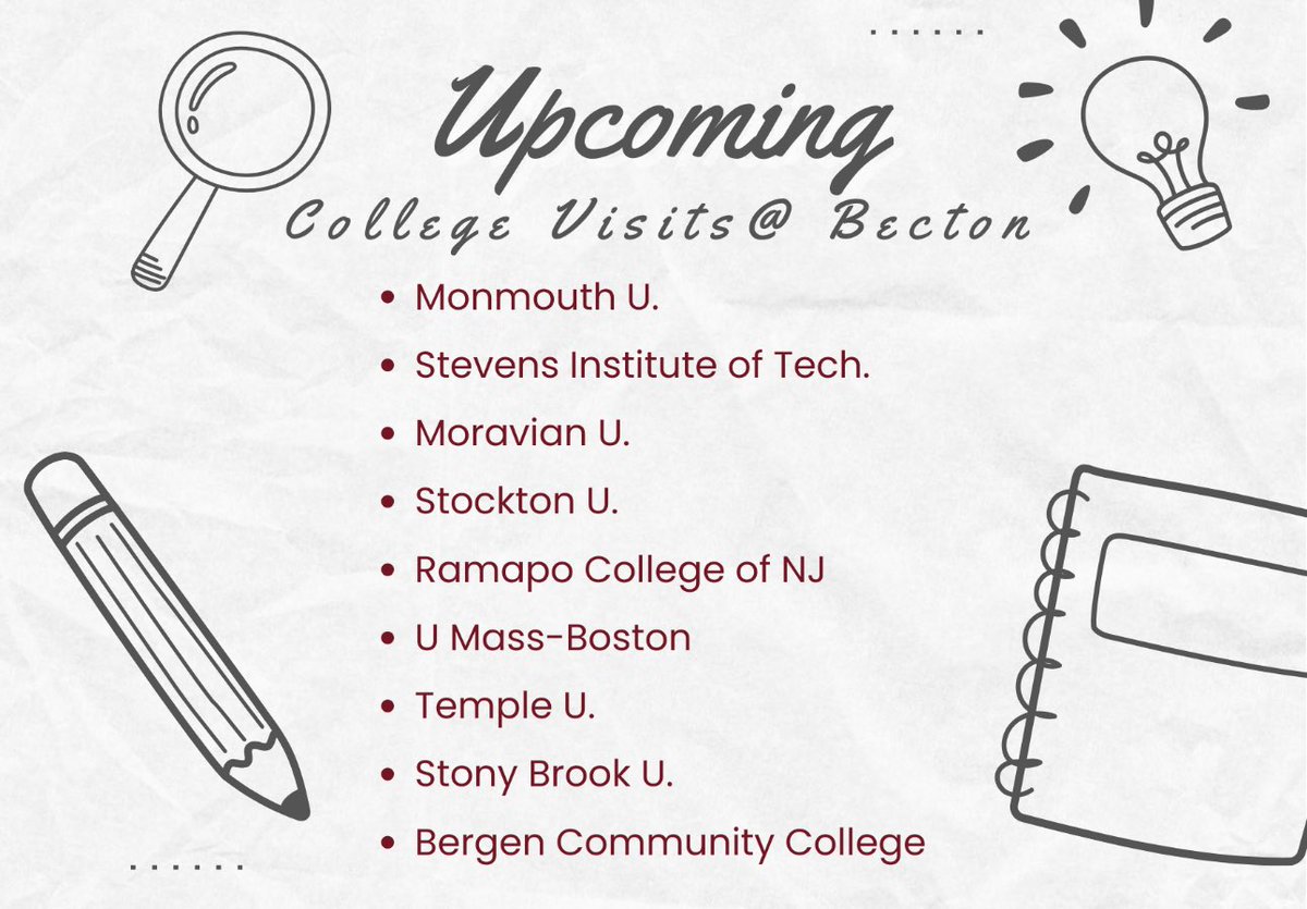 ⁦Attention Seniors! Please visit Naviance to sign up for the next set of college speakers ⁦<a href="/BectonHS/">Becton Regional High School</a>⁩
