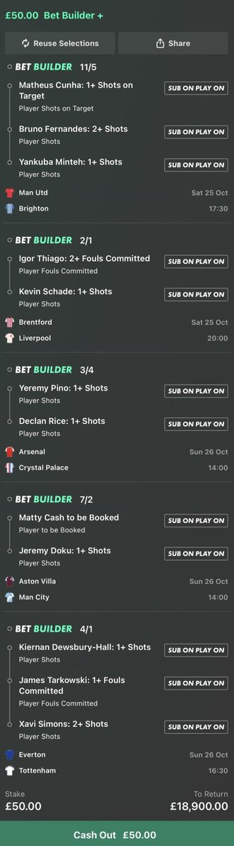 EmilyTaylorTips's tweet image. THE BEST LOOKING WEEKEND PREMIER LEAGUE LONGSHOT BET BUILDER OF ALL TIME? 😍
• Man United vs Brighton
• Brentford vs Liverpool
• Arsenal vs Crystal Palace
• Aston Villa vs Man City
• Everton vs Tottenham
If this wins I'll give £100 to one person who ♥️ this post
