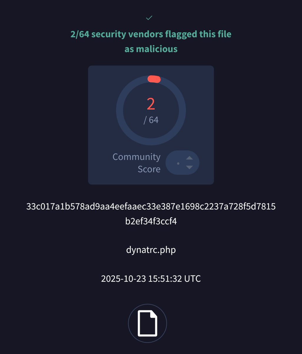 smica83's tweet image. 'dynatrc.ps1' is a new record for @nextronresearch with 9 thor detection hit. 
bazaar.abuse.ch/sample/33c017a… 
URL: 
hxxp://144.31.0(.)44/dynatrc.php
