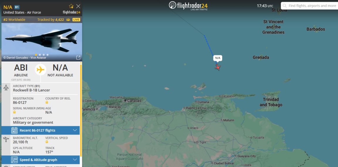 agusantonetti's tweet image. 🇺🇸🇻🇪‼️ URGENTE — Los dos bombarderos estratégicos B-1B Lancer de la Fuerza Aérea de los Estados Unidos a tan solo 80 km de las costas de Venezuela.
