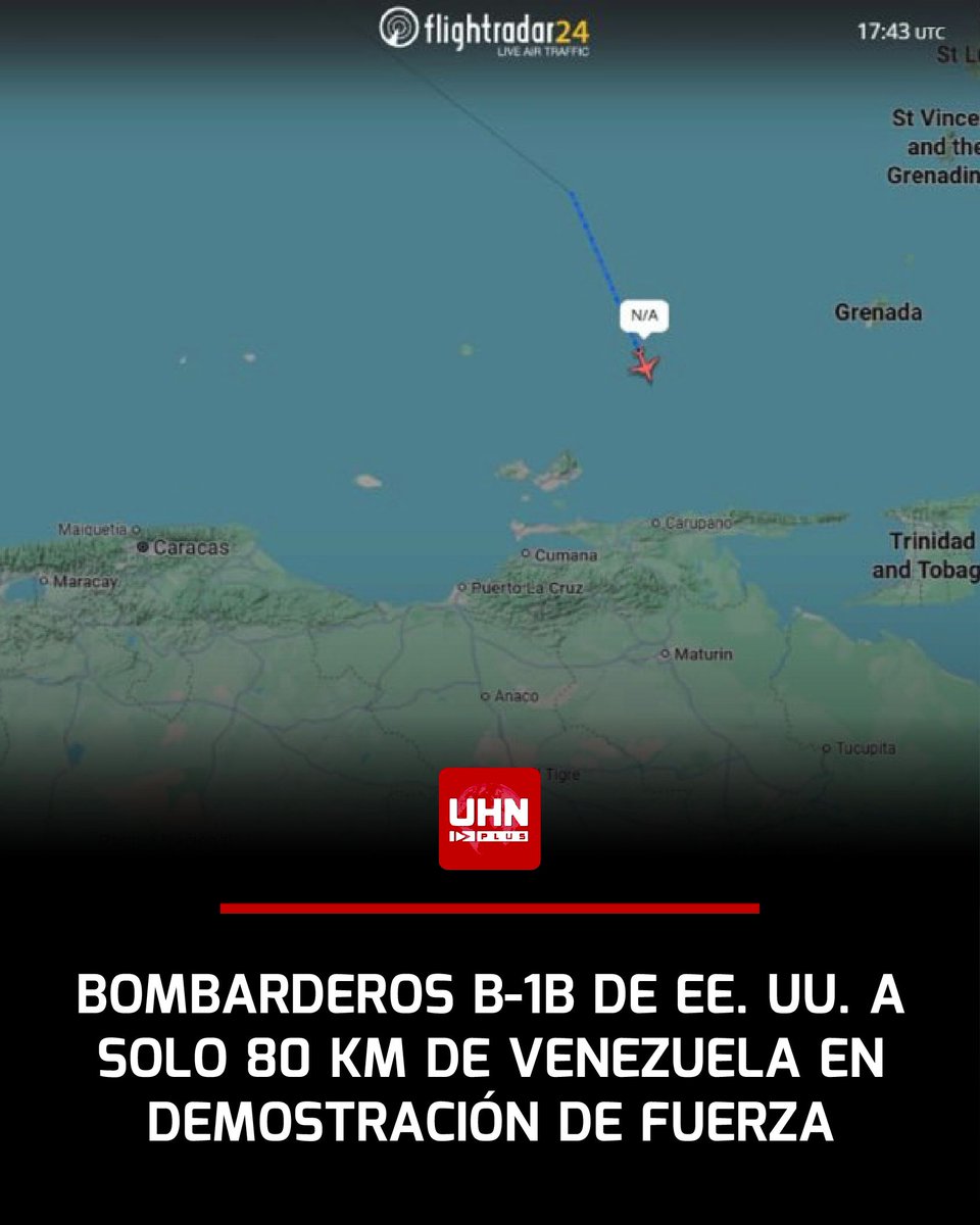 🇺🇸🇻🇪‼️ | ÚLTIMA HORA — Dos bombarderos estratégicos B-1B “Lancer” de la Fuerza Aérea de EE. UU. se encuentran a solo 80 km de las costas de Venezuela, en plena operación sobre el mar Caribe.