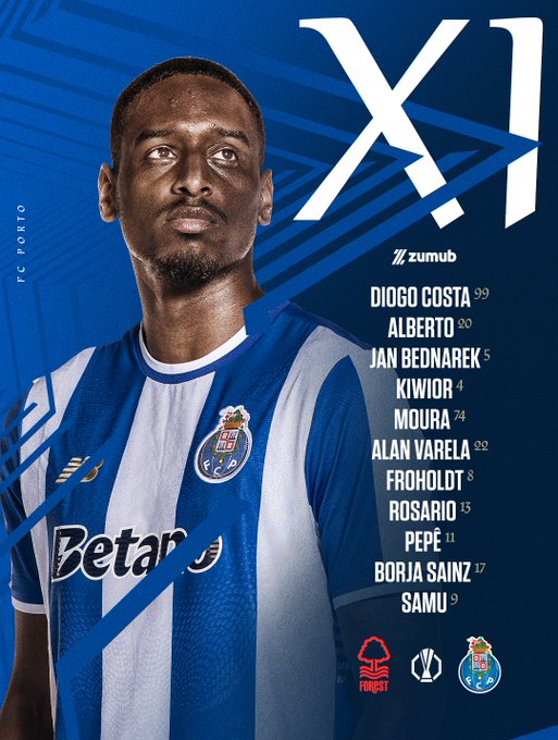 Graphic in blue and white colors shows a central portrait of a male player in FC Porto uniform looking to the side with text overlays listing starting lineup including Diogo Costa as goalkeeper Wenderson Galeno and others with numbers and positions team logo at bottom and Nottingham Forest opponent indicated