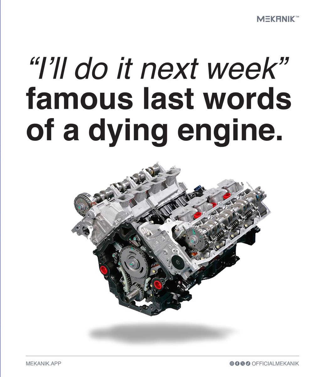 MekanikApp's tweet image. “I’ll do it next week” famous last words of a dying engine. Meki says: Change your engine oil every 3–5k km (or as recommended). Clean oil = longer engine life.
#MeetMeki #MekanikTips #EngineCare #mekanikapp #mekanik #NaijaDrivers
