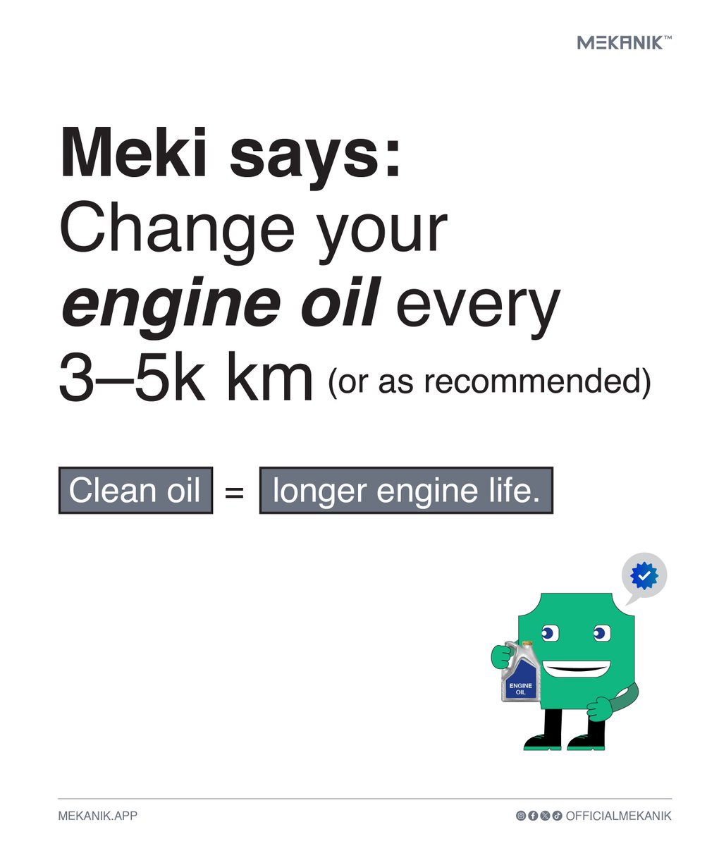MekanikApp's tweet image. “I’ll do it next week” famous last words of a dying engine. Meki says: Change your engine oil every 3–5k km (or as recommended). Clean oil = longer engine life.
#MeetMeki #MekanikTips #EngineCare #mekanikapp #mekanik #NaijaDrivers