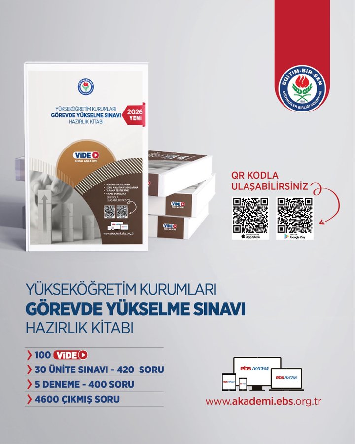 Cover of the YÖK GYS 2026 Higher Education Institutions In-Position Promotion Exam Preparation Book displayed upright with title text, featuring 100 video lessons, 5 sets of 400 questions each, 3 sets of 400 questions each, and 460 timed questions. Stacked books shown below with EBS Akademi logo and website URL. QR codes positioned near the books for scanning access.