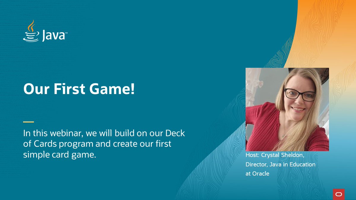 CrystalLFurman's tweet image. We just posted our next challenge to write our first card game. Need help? Register for our free Java webinar!
When: November 5th at 3pm ET
Registration Link: oracle.zoom.us/webinar/regist…
#learnjava #teachjava #java