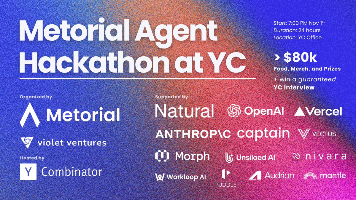 amiklas's tweet image. 🚀 @MetorialAi (YC F25) is throwing their 24-hour Metorial Agent Hackathon overnight at the Y Combinator office in SF on the weekend of November 1st - November 2nd. Push AI agents to the limit, meet fellow builders, and win a guaranteed YC interview. Looking forward to seeing…