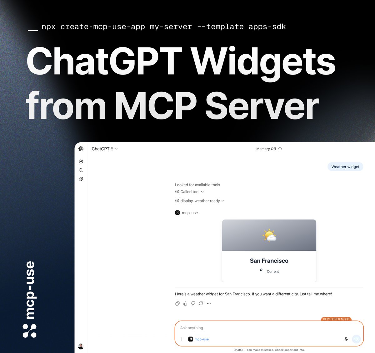 pederzh's tweet image. 🚀 Day 4 of LAUNCH WEEK - ChatGPT Widget from MCP Server 🎨
With @mcpuse server, every React component in your "resources/" folder becomes an MCP tool and resource, instantly!
Just build UI components in React, and they will be exposed as tools that can be rendered on ChatGPT…
