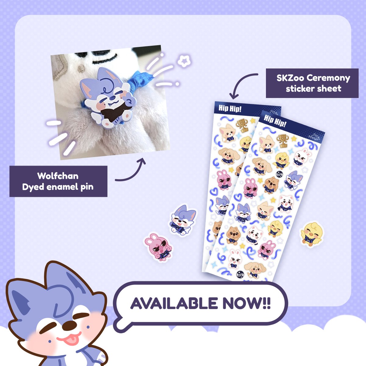 💫Update is here! 💫

✧ Wolfchan dyed enamel pin
✧ SKZoo sticker sheet
✧ Lots of prints! 

Rt's appreciated 🫶