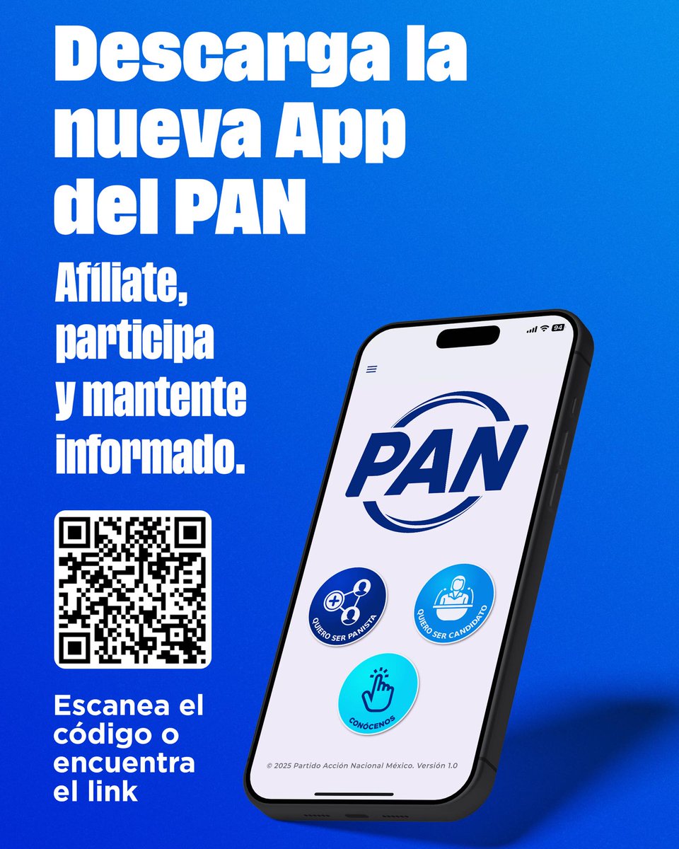¿Ya descargaste la nueva App del PAN? 

Participa, afíliate y mantente al tanto de todo lo que hacemos por México y por las familias mexicanas.

Puedes registrarte si quieres ser candidata o candidato del PAN. ¡Súmate al cambio y forma parte del futuro azul!