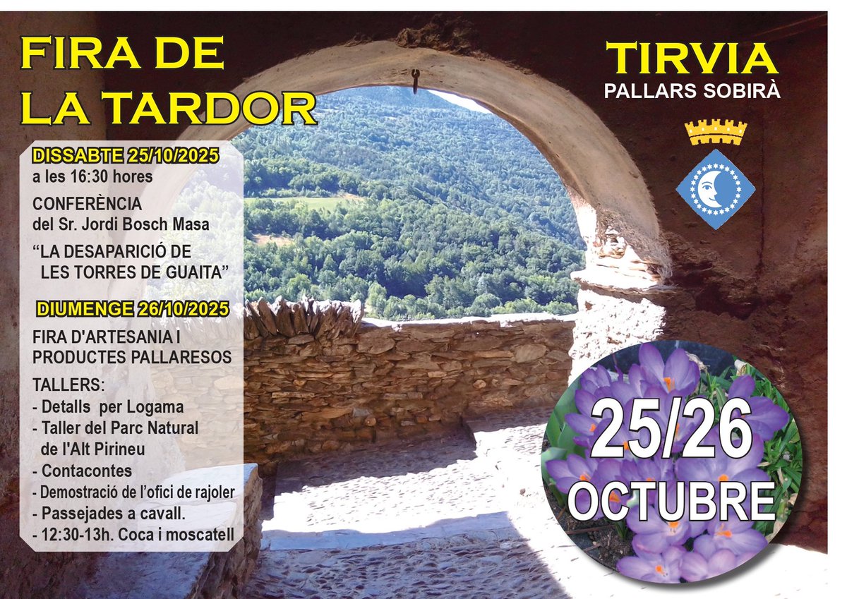 🍐🍂 Tírvia torna a celebrar la seva Fira de Tardor!
📅 25 i 26/10
🗣️ Dissabte: conferència “La desaparició de les torres de guaita” amb Jordi Bosch Masa.
🎨 Diumenge: artesania, tallers, contacontes, oficis, passejades i coca amb moscatell!
#FiraDeTardor #Tírvia #PallarsSobirà