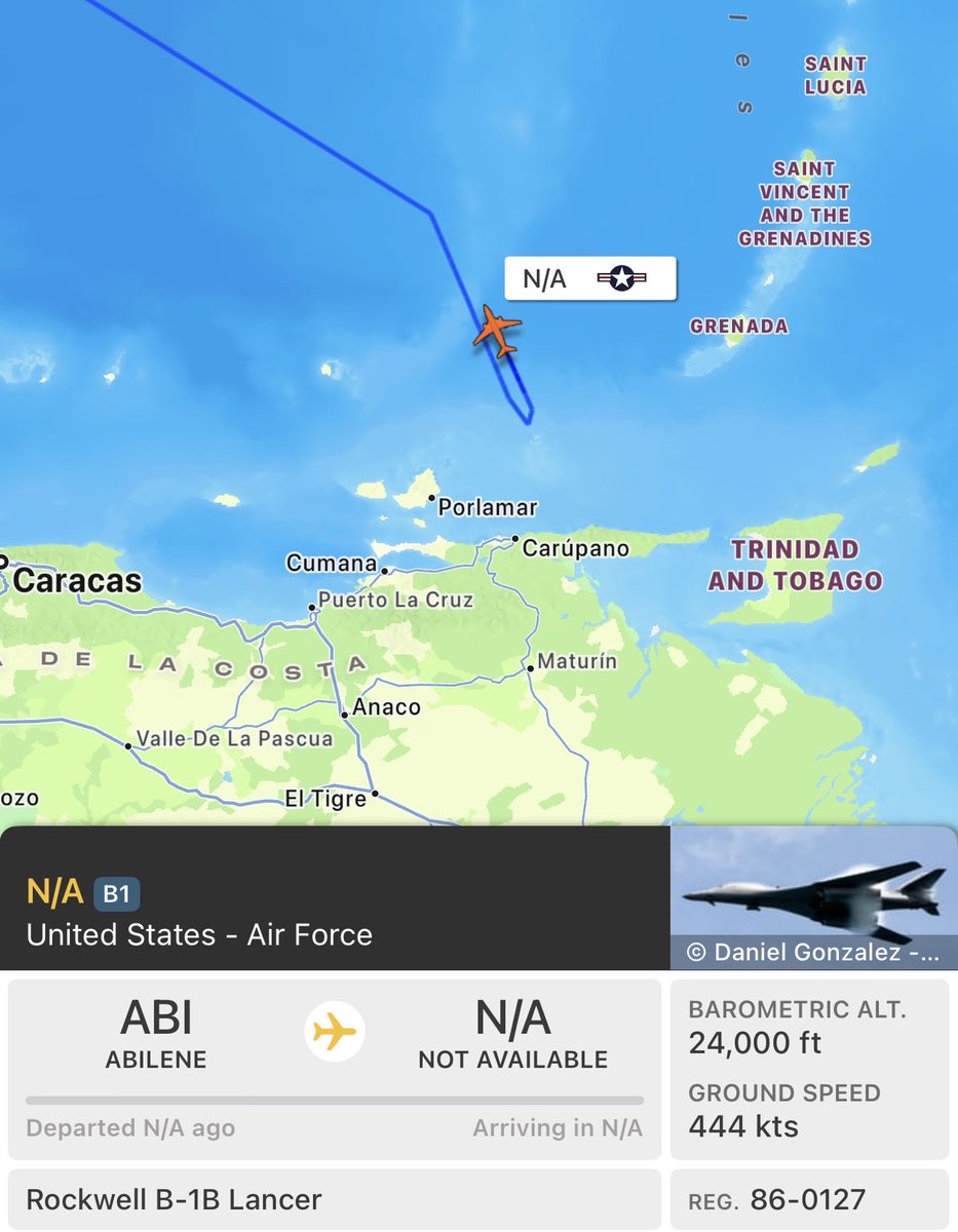 Two U.S. Air Force B-1B “Lancer” Long-Range Heavy Bombers, (BART21) and (BART22), have appeared now on flight radar over the Southern Caribbean, roughly 50 miles off the coast of Venezuela. The bombers appear to be conducting strike rehearsals, likely in preparation for future
