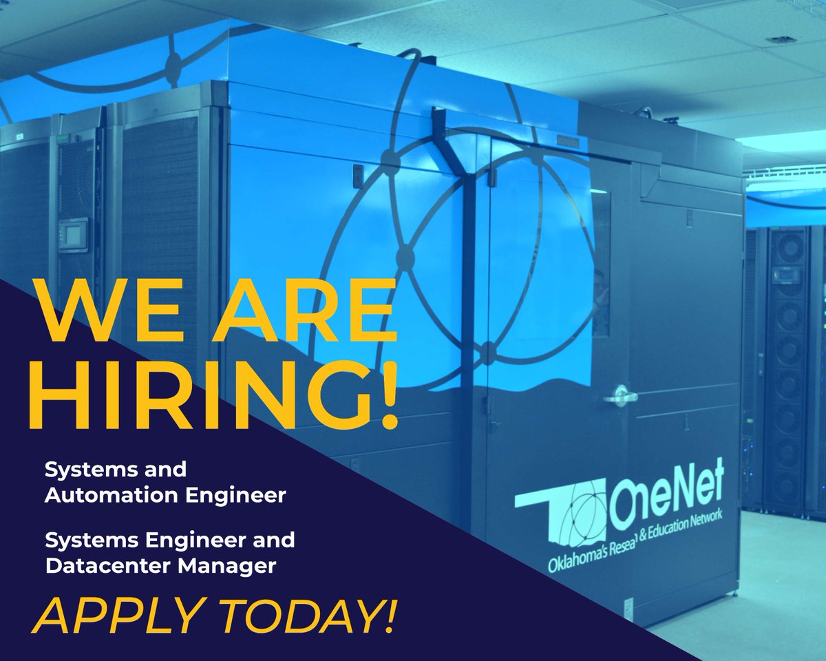 OneNetOK's tweet image. #NowHiring Join OneNet&apos;s systems team! We have two openings—Systems &amp;amp; Automation Engineer and Systems Engineer &amp;amp; Datacenter Manager. 

Great team, benefits &amp;amp; tuition reimbursement! 
Learn more: onenet.net/onenet-job-opp… 
#WorkOnTheInternet #WeAreOneNet