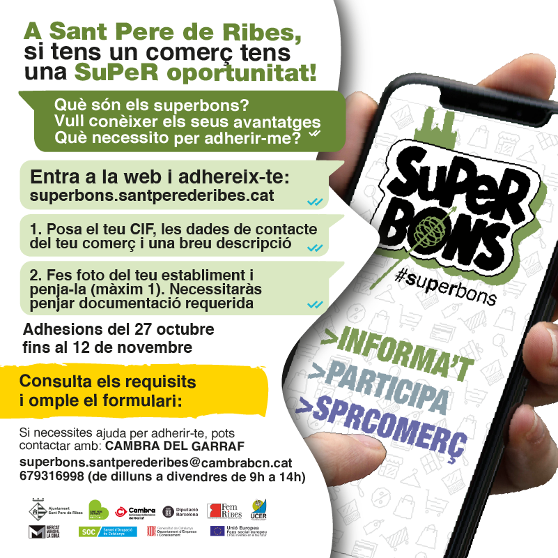 ELS ESTABLIMENTS COMERCIALS PODEN ADHERIR-SE A LA CAMPANYA DELS SUPERBONS A PARTIR DEL 27 D’OCTUBRE
➡️ tinyurl.com/4pcajbcn

• L’objectiu d’aquesta iniciativa és impulsar les compres en els comerços, els serveis i l’hostaleria del municipi.

#superbons25
#SPRibes
1/2