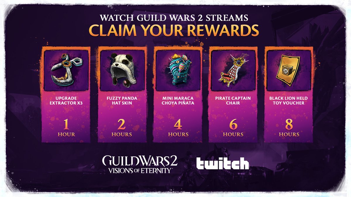 🎉 New expansion, new loot! It’s almost time to celebrate Guild Wars 2: Visions of Eternity with <a href="/Twitch/">Twitch</a> Drops, live 10/28–11/02. Link your account today so you don’t miss out! #GW2VoE