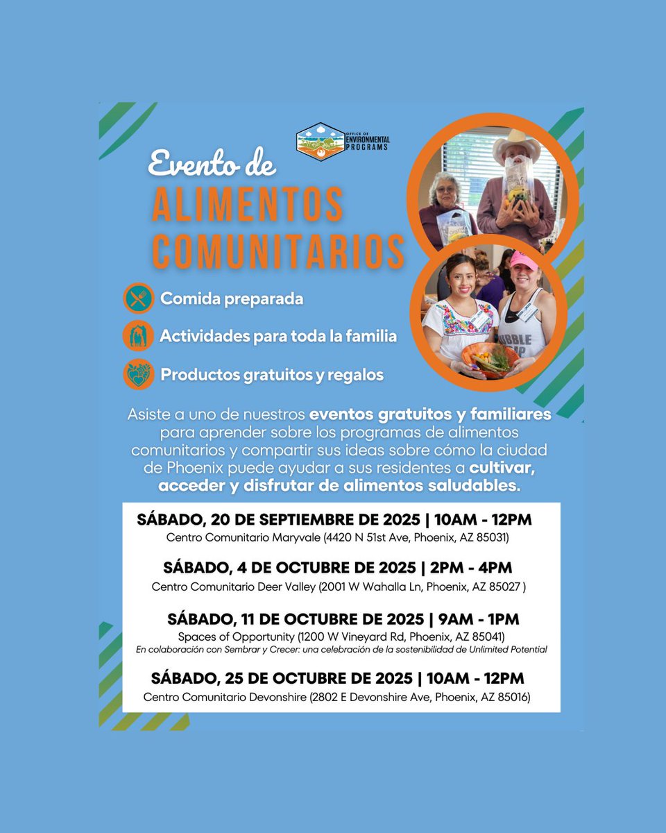 PHXenvironment's tweet image. The Office of Environmental Programs is developing the 2030 Phoenix Food Action Plan, which defines the next phase of the City’s food systems. This plan guides efforts to achieve healthy, affordable, &amp;amp; culturally relevant foodl.

Join us our Community Food events!