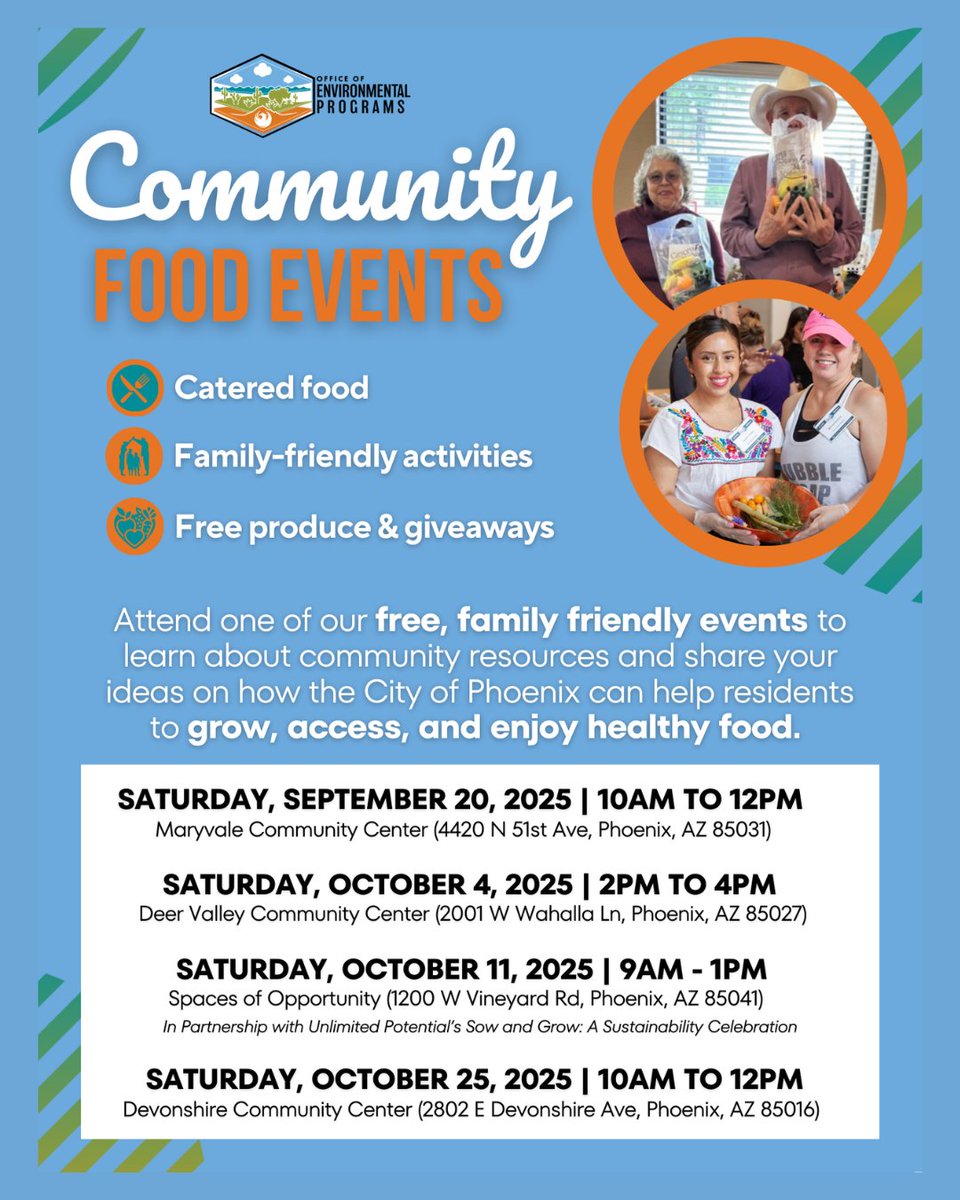 PHXenvironment's tweet image. The Office of Environmental Programs is developing the 2030 Phoenix Food Action Plan, which defines the next phase of the City’s food systems. This plan guides efforts to achieve healthy, affordable, &amp;amp; culturally relevant foodl.

Join us our Community Food events!