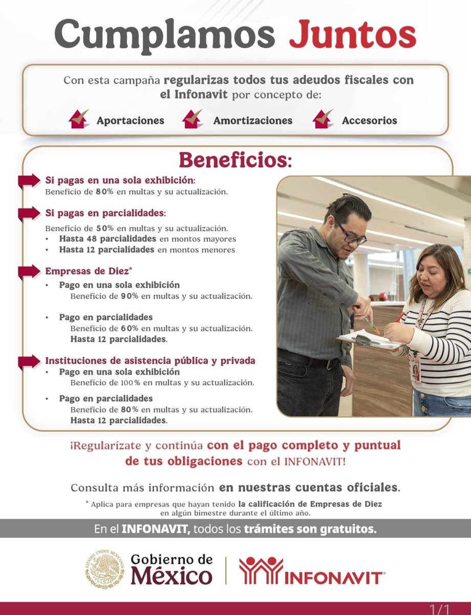 CanacoTapachula's tweet photo. Cumplamos Juntos-Pago en una exhibición
En apoyo a los patrones para que regularicen su situación fiscal, Infonavit pone a su disposición la Campaña de Facilidades de Pago para la Regularización de Adeudos Fiscales Cumplamos Juntos.
Mas informacion:https://t.co/u7xRYastqp https://t.co/AtSmce4QjY