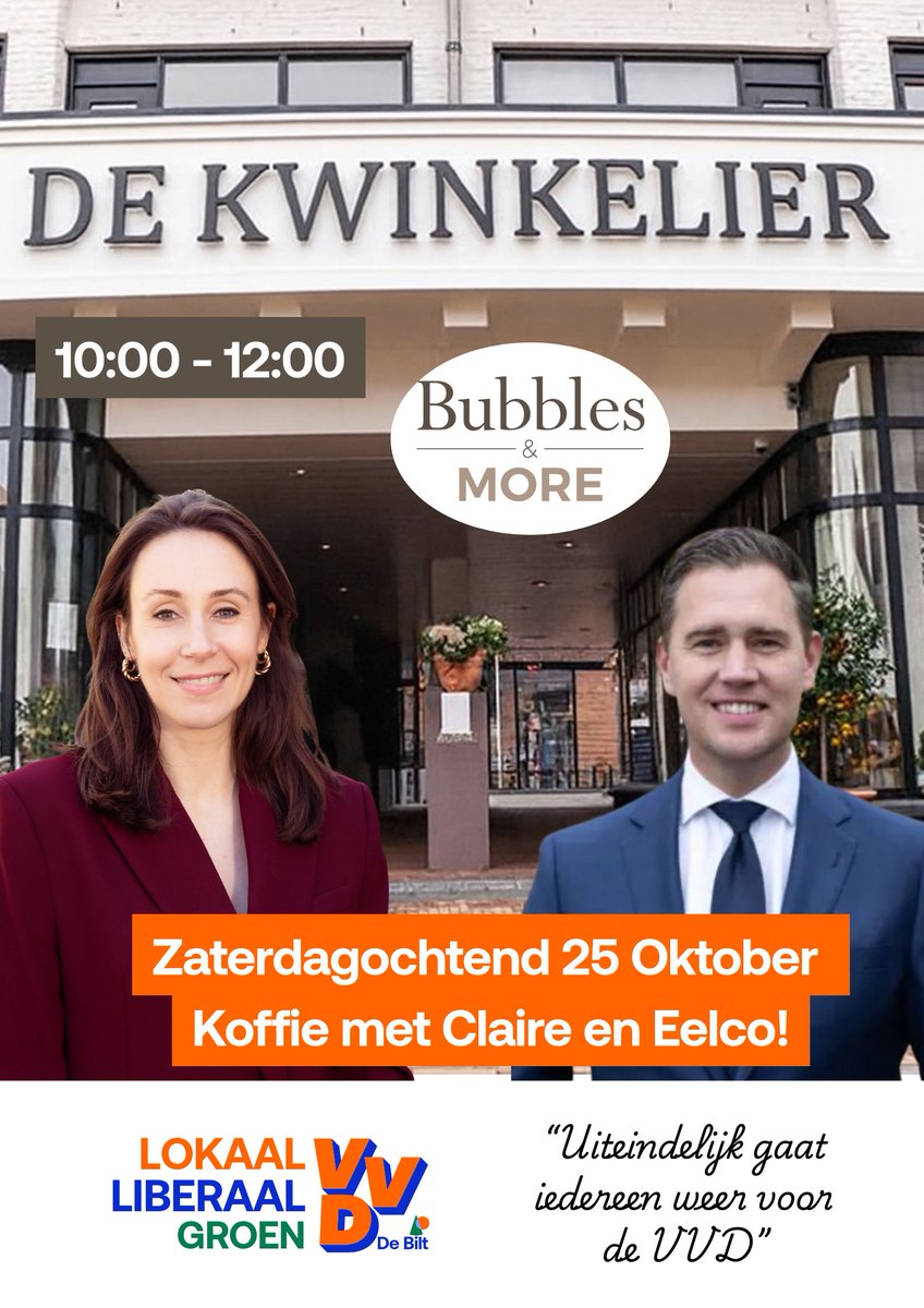 ☕ Wie zien we zaterdag tussen 10:00 en 12:00 bij De Kwinkelier?
Kom gezellig langs bij Bubbles &amp; More voor koffie met Claire en Eelco!
Een mooie kans om in gesprek te gaan over wat er leeft in De Bilt — en natuurlijk om even bij te praten in een ontspannen sfeer.