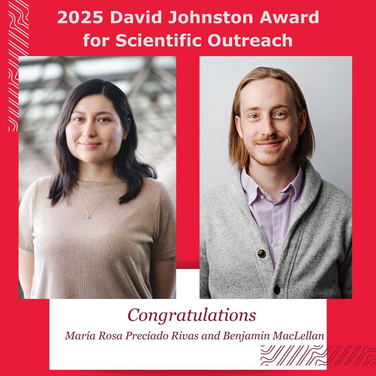 Institute for Quantum Computing (IQC) (@quantumiqc) on Twitter photo Congratulations María Rosa Preciado-Rivas and Benjamin MacLellan 👏
The two IQC graduate students have received the 2025 David Johnston Award for Scientific Outreach for an outstanding commitment to scientific outreach and community engagement. 
More: uwaterloo.ca/institute-for-… Congratulations María Rosa Preciado-Rivas and Benjamin MacLellan 👏
The two IQC graduate students have received the 2025 David Johnston Award for Scientific Outreach for an outstanding commitment to scientific outreach and community engagement. 
More: uwaterloo.ca/institute-for-…