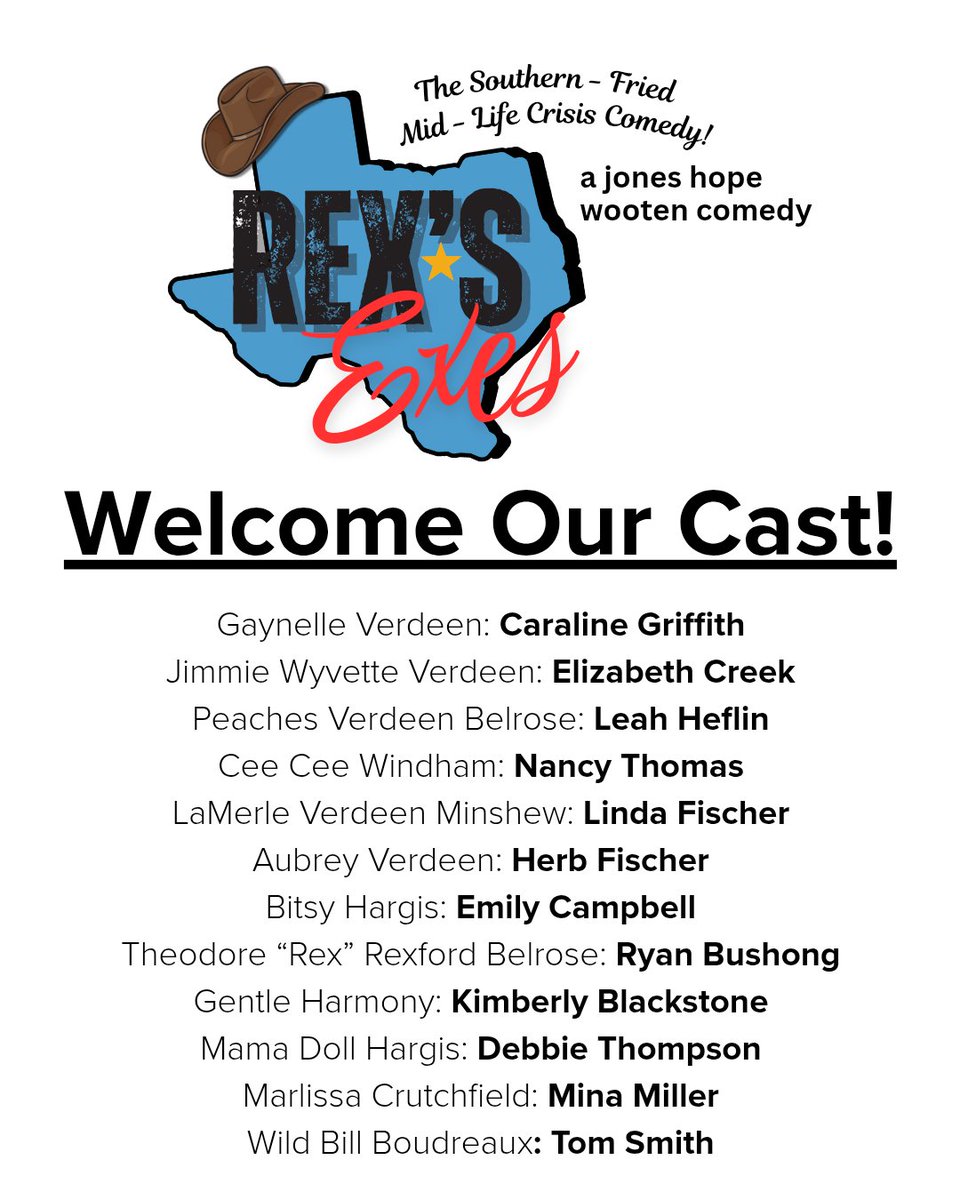 silversceneplay's tweet photo. Howdy Y'all! Let's welcome our cast for "Rex's Exes" our upcoming performance coming March 20-22, 2026 at The Union County Veterans Memorial Auditorium. More information to come: https://t.co/a52eoyBfRt https://t.co/wJOp7Ka6hr