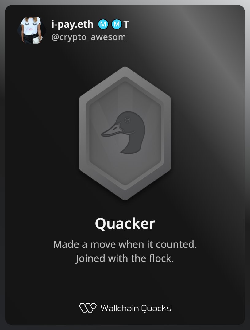 crypto_awesom's tweet image. Just unlocked the Quacker on @wallchain 🏆

How cool is that?

Feels great to have my contributions recognized.

How’s Wallchain Quacks been treating you so far?

Not on board yet? Drop a comment for an invite 👇🦆