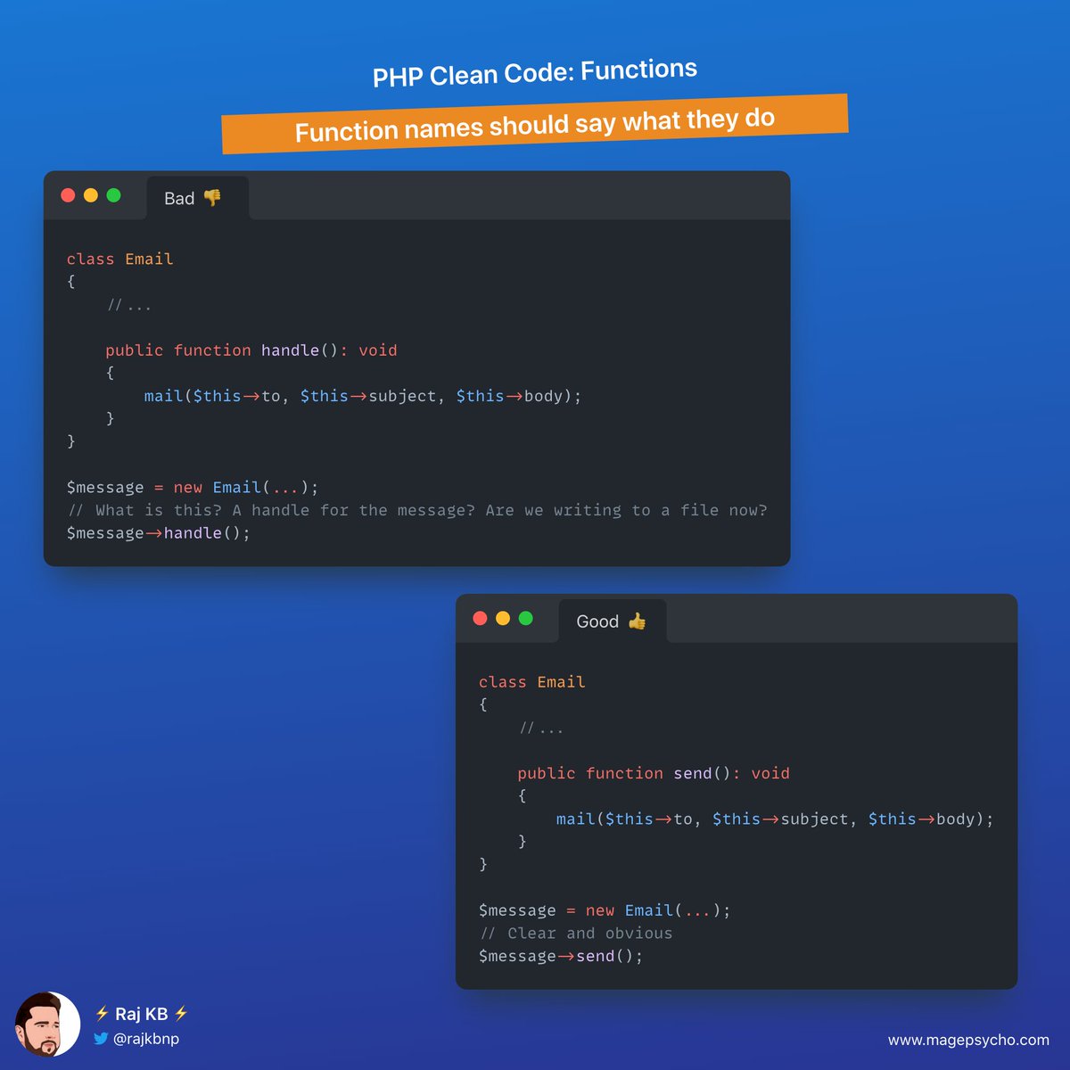 rajkbnp's tweet image. 3️⃣ Clean Code Series: Functions📒🧑💻
☑️ Function names should say what they do
"Code for humans not for machines"
🐘 #PHP #Laravel #Symfony